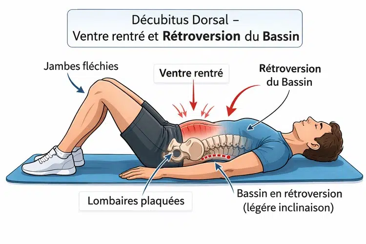 Illustration montrant la rétroversion du bassin et la respiration abdominale en position allongée jambes fléchies