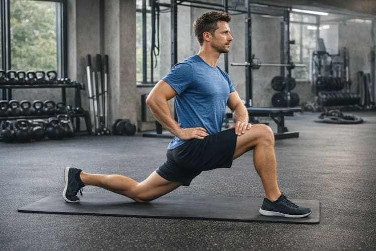 Homme effectuant un étirement du psoas iliaque en fente basse en salle de sport