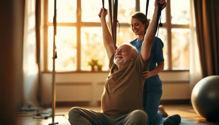 Exercice assisté pour préserver la mobilité articulaire chez un senior, accompagnement par un coach sportif
