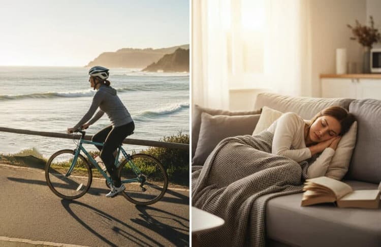 Récupération active vs récupération passive : comparaison entre une femme faisant du vélo en bord de mer et une femme se reposant sur un canapé