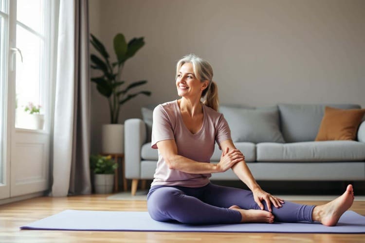Récupération sportive et âge : femme senior pratiquant des étirements à domicile