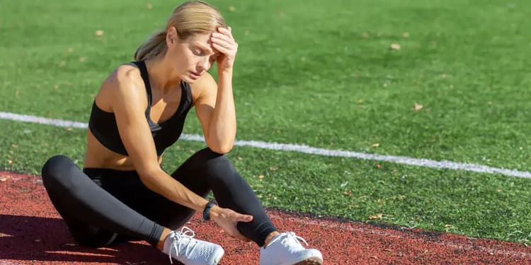 Sportive assise sur une piste d’athlétisme, signe de fatigue et de stress liés à l’entraînement, illustrant la gestion du stress par le sport à Paris